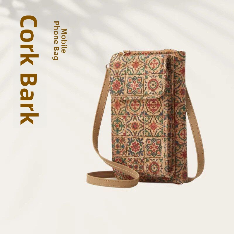 Women Bags With Wallet - Taşınabilir Mantar Ağacı Kabuğu Baskılı Cüzdan