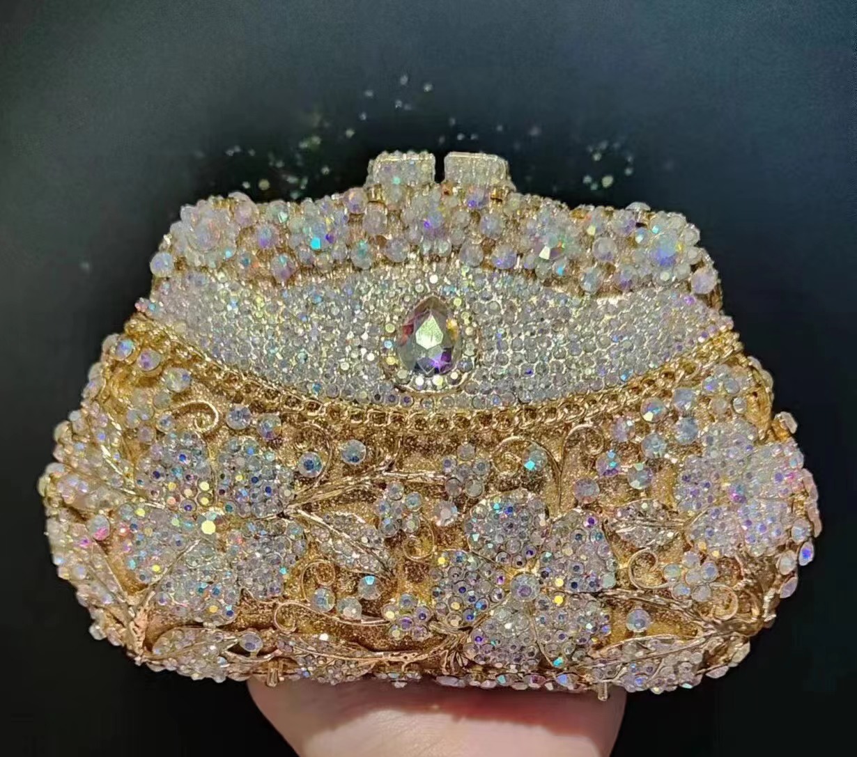 Women Bags Gold - Altın Metal Çiçek Desenli Elmas Abiye