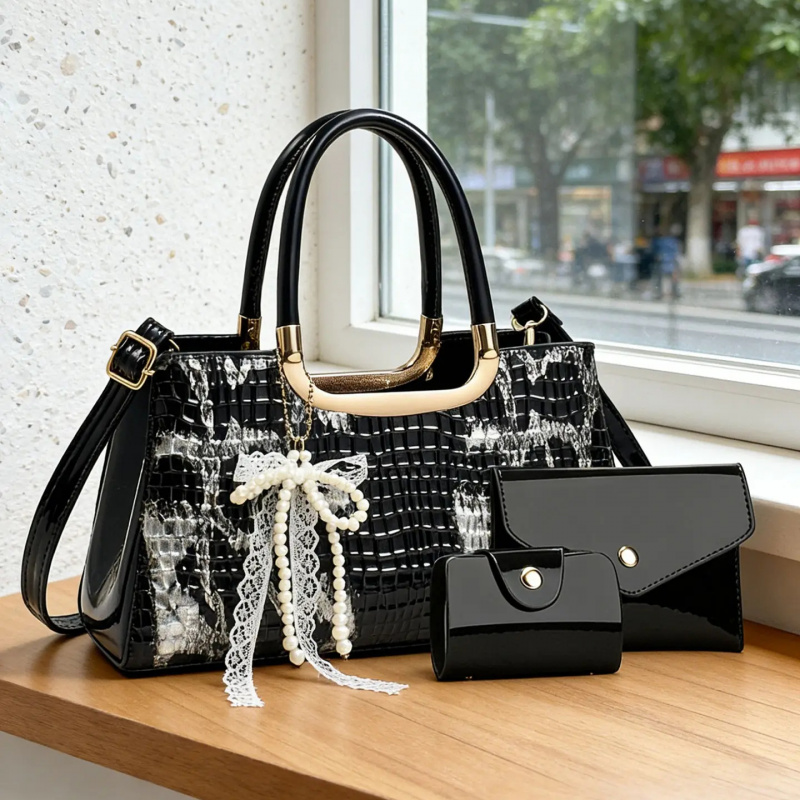 Women Bags Gift - Kadın Çanta Seti, Timsah Desenli Gece